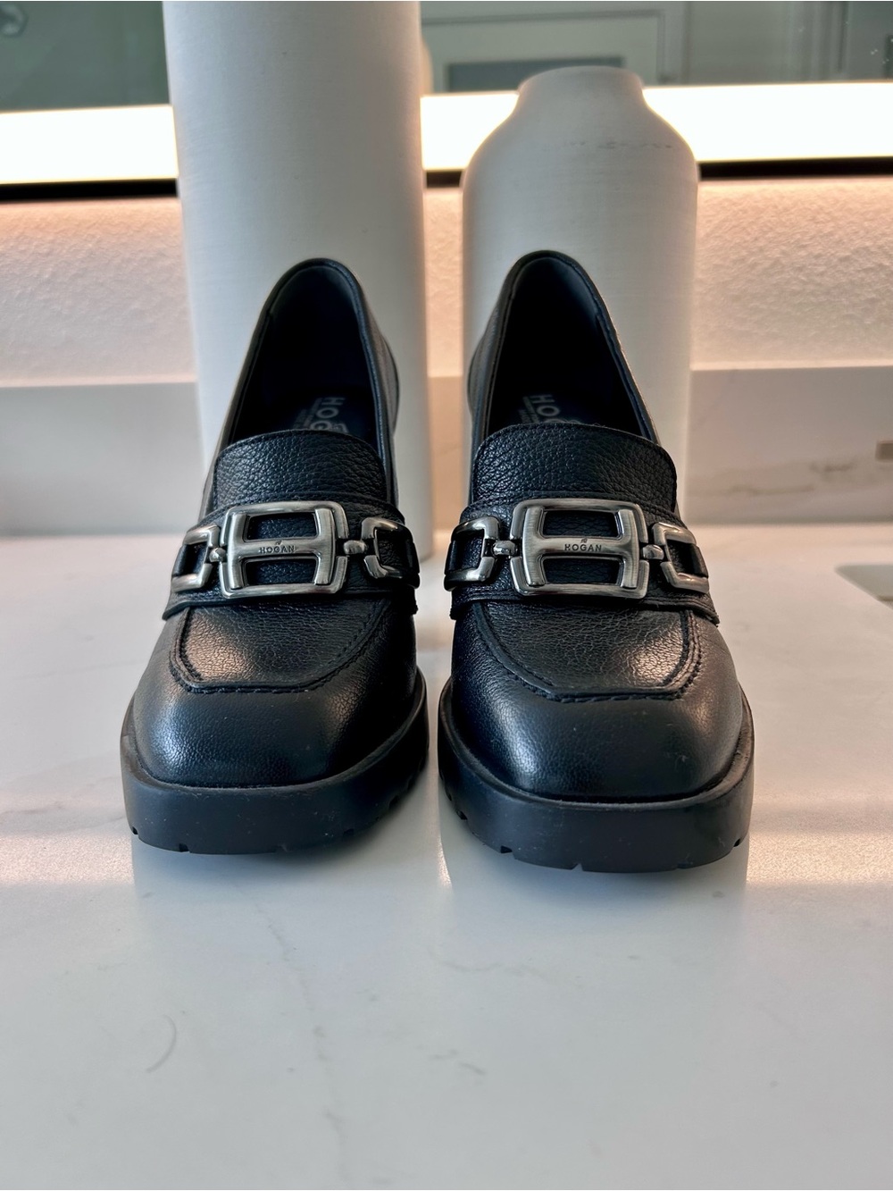 Hogan Black Leather Loafers with Silver Buckle Hardware